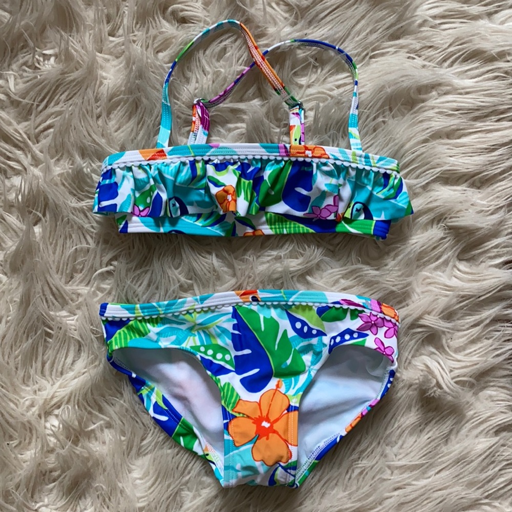 Lands End floral bird bikini set swimsuit bathing suit 6 white teal blue orange